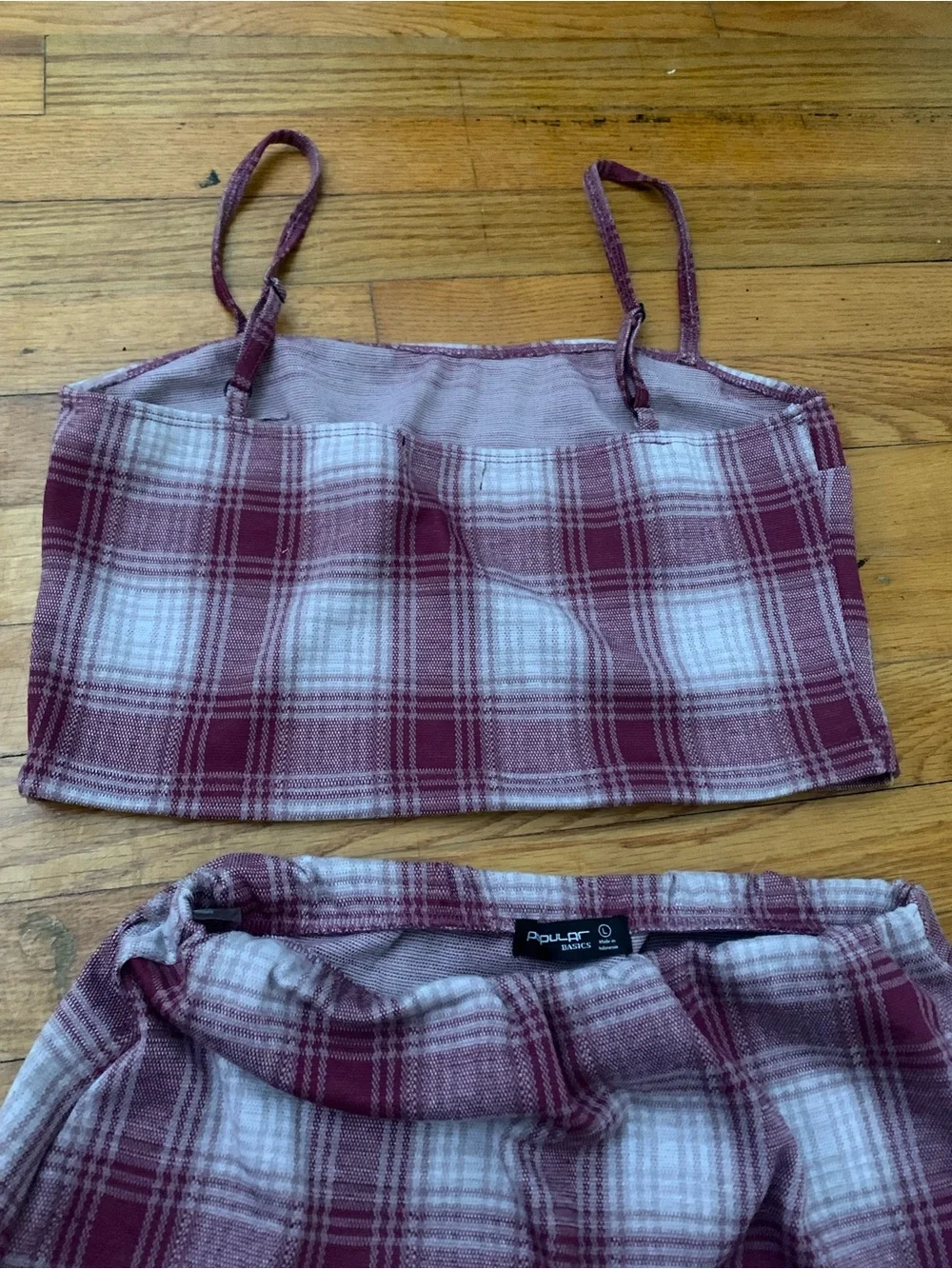 Popular Basics Burgundy and White Plaid Asymmetrical Skirt